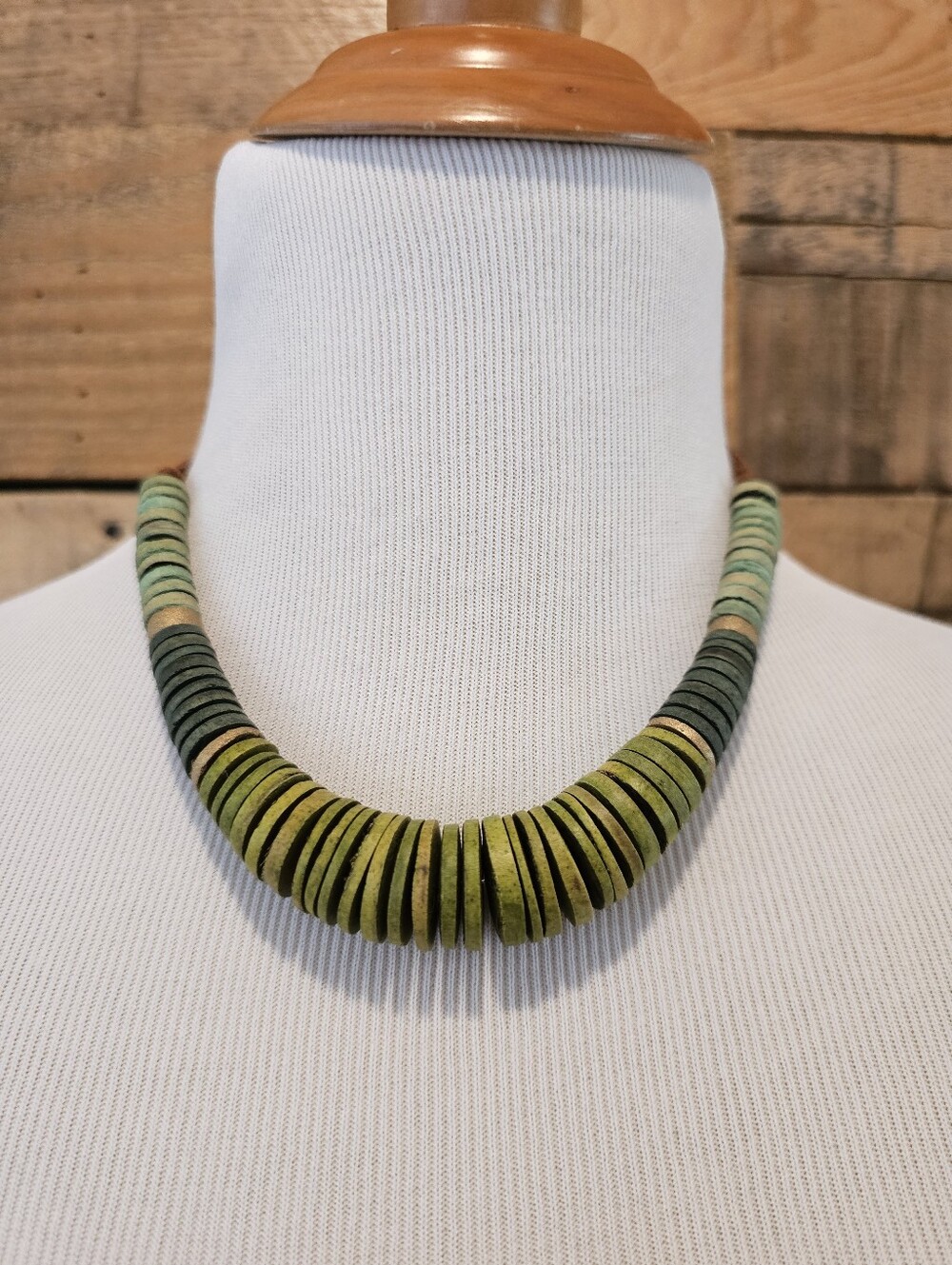 Wooden Green Disk Bead Statement Necklace